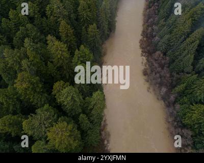 Vista aerea del fiume Eel nella contea di Humboldt, California settentrionale dopo la pioggia quando il livello dell'acqua è alto e il fiume è fangoso. Foto Stock