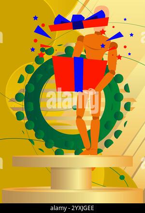 Espositore di mockup con scatola regalo in legno per burattini. Podio del supporto del cilindro vettoriale. Vetrina per la presentazione. Forme geometriche minime. Illustrazione Vettoriale