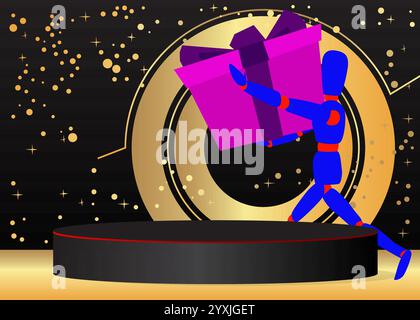 Espositore di mockup con scatola regalo in legno per burattini. Podio del supporto del cilindro vettoriale. Vetrina per la presentazione. Forme geometriche minime. Illustrazione Vettoriale