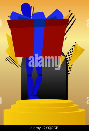 Espositore di mockup con scatola regalo in legno per burattini. Podio del supporto del cilindro vettoriale. Vetrina per la presentazione. Forme geometriche minime. Illustrazione Vettoriale