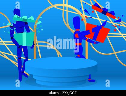 Espositore di mockup con scatola regalo in legno per burattini. Podio del supporto del cilindro vettoriale. Vetrina per la presentazione. Forme geometriche minime. Illustrazione Vettoriale