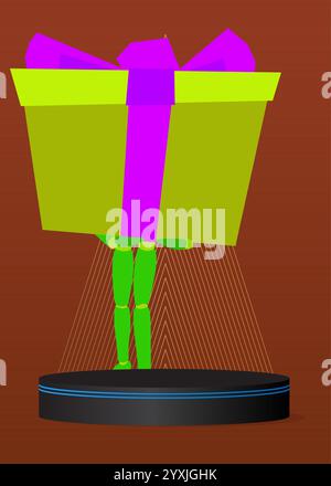 Espositore di mockup con scatola regalo in legno per burattini. Podio del supporto del cilindro vettoriale. Vetrina per la presentazione. Forme geometriche minime. Illustrazione Vettoriale