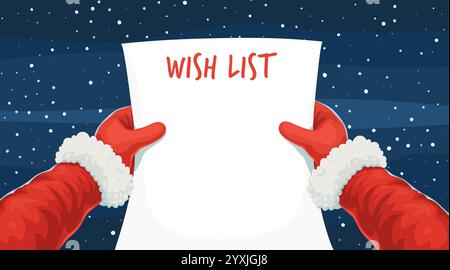 La lista dei desideri natalizi dei cartoni animati nelle mani di Babbo Natale. Lista dei desideri delle vacanze natalizie invernali. Il padre Noel del vettore cartoni animati regge un foglio di carta bianco con il Illustrazione Vettoriale