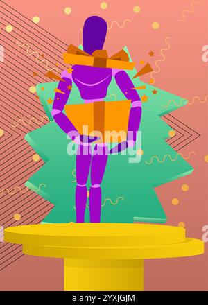 Espositore di mockup con scatola regalo in legno per burattini. Podio del supporto del cilindro vettoriale. Vetrina per la presentazione. Forme geometriche minime. Illustrazione Vettoriale