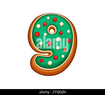 Simbolo matematico numero nove di pan di zenzero natalizio con glassa verde e spruzzette rosse bianche. Font dei cookie per le festività natalizie dei cartoni animati con 9 numeri, Natale Illustrazione Vettoriale