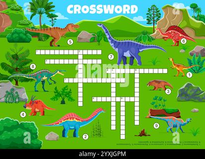 Griglia di gioco a quiz a parole incrociate con dinosauri preistorici e lucertole giurassiche, foglio di lavoro vettoriale. Gioco di quiz crossword per bambini per indovinare i nomi dei dinosauri Illustrazione Vettoriale