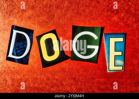 DOGE "Department of Government Efficiency", utilizzando lettere cartacee ritagliate nella tipografia con effetto riscatto, 2024 Foto Stock