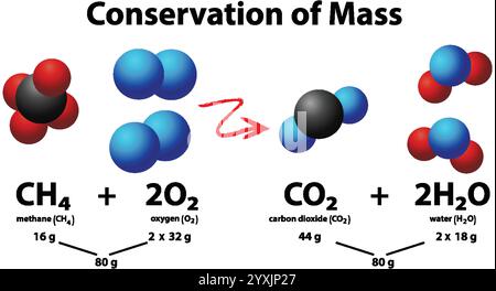 Illustrazione della conservazione della massa nelle equazioni chimiche Illustrazione Vettoriale