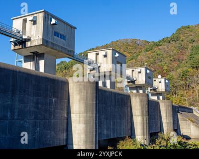 Le inondazioni al fudai che salvarono la città dalla distruzione nello tsunami del 2011 Foto Stock