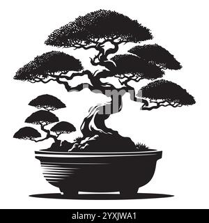 albero bonsai silhouette con sfondo Illustrazione Vettoriale