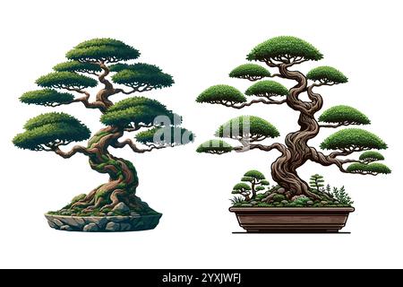 Elegante albero bonsai con arte a foglia verde Illustrazione Vettoriale