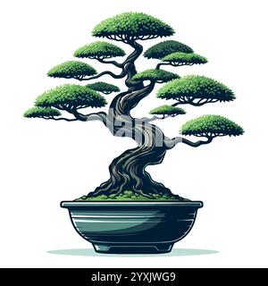 Albero Bonsai minimalista con foglie verdi lussureggianti Illustrazione Vettoriale