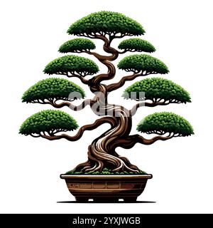 Tranquillo albero Bonsai Design con Foliage Verde Illustrazione Vettoriale