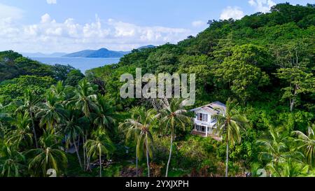 Un'incantevole vista aerea di una casa appartata immersa in una vibrante vegetazione tropicale, circondata da palme ondeggianti. L'ambiente tranquillo si affaccia Foto Stock