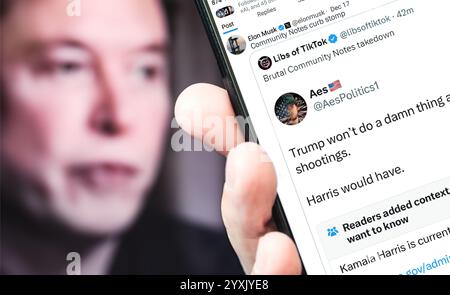 Poltava, Ucraina - 17 dicembre 2024. Pagina del profilo Twitter di Elon Musk con un nuovo tweet su uno smartphone in mano. Foto Stock