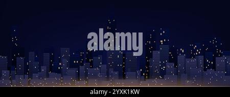 Skyline City tech con silhouette urbane illuminate da luci accese nelle finestre. Moderna metropoli panoramica con grattacieli su un cielo notturno blu profondo. Quadro tecnologico astratto e futuristico. Illustrazione Vettoriale