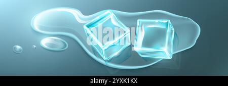 Cubetti di ghiaccio che si fondono su sfondo lucido. Illustrazione vettoriale realistica di blocchi d'acqua congelati in pozzanghere liquide, ghiaccioli brillanti blu neon, cristalli freddi per cocktail, mattoni quadrati trasparenti Illustrazione Vettoriale