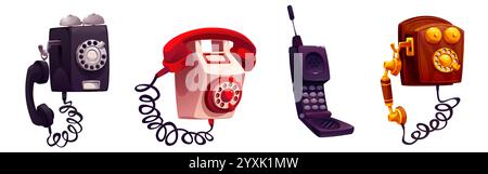 Telefoni retro isolati su sfondo bianco. Illustrazione vettoriale di telefoni d'epoca con quadrante, cavo, pulsanti, antenna radio. Evoluzione dei dispositivi di comunicazione, storia dei progressi tecnologici Illustrazione Vettoriale