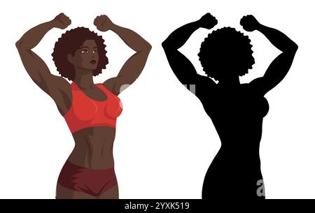 Set vettoriale di bodybuilder donne africane in stile retrò e silhouette nera. Potere femminile. Collezione di donne muscolari forti. Clip art Illustrazione Vettoriale