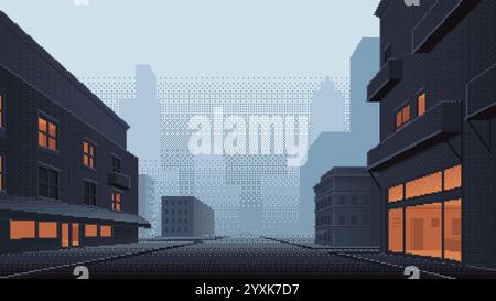 Pixel art al crepuscolo. Case con luci arancioni dalle finestre sulla strada serale di fronte alla silhouette della città. Sfondo di un videogioco rétro con ro Illustrazione Vettoriale