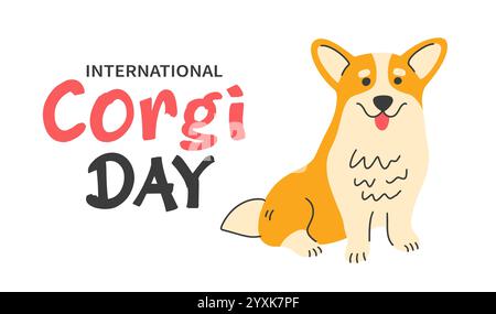 Bandiera del giorno Corgi. Carino cane cartoni animati vettoriali che sorride Illustrazione Vettoriale