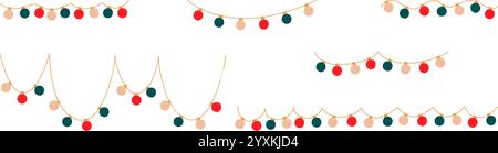 Luci di Natale impostate. Ghirlande sezionate lampadine colorate circolari. Decorazioni a corde natalizie luccicanti con lampade retrò a sospensione per le vacanze Illustrazione Vettoriale