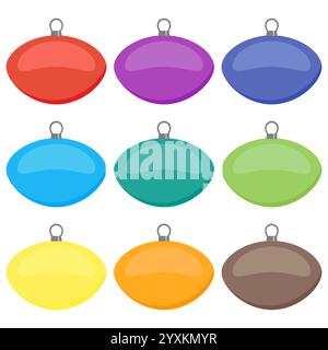 Nove palline di Natale multicolore su sfondo bianco. Illustrazione vettoriale. Illustrazione Vettoriale