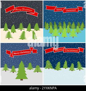 Set di quattro illustrazioni vettoriali con foresta notturna con nastri rossi con le iscrizioni buon Natale. Illustrazione Vettoriale