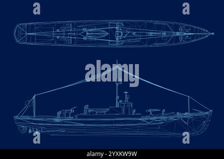 Set di wireframe con una nave da guerra isolata su sfondo blu. Nave con armi da posizioni diverse. 3D. Vista laterale, dall'alto. Illustrazione vettoriale Illustrazione Vettoriale