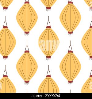 Motivo senza cuciture di elegante lanterna cinese giallo dorato su sfondo bianco in stile piatto. Perfetto per decorazioni natalizie, tessuti, imballaggi e piatti asiatici Illustrazione Vettoriale