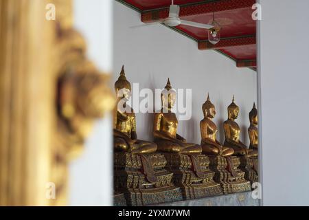 Bangkok, Thailandia - 29 novembre 2024: Una fila di statue dorate di Buddha che fiancheggiano un muro al Tempio Wat Pho di Bangkok. bellissime statue dorate Foto Stock