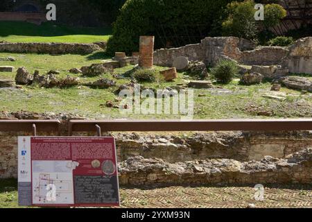 Savona. Italia - 17 dicembre 2024: Veduta dei resti archeologici della fortezza di priamar con mura in mattoni antiche pietre e info Foto Stock