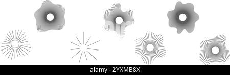 Onde sonore circolari, che raffigurano musica audio, simboli rotondi della voce, icone e loghi per equalizzatori, design dello spettro radiale, schemi ad anello. Vect piatto Illustrazione Vettoriale