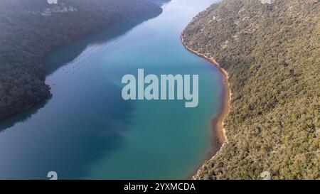 Prospettiva aerea della baia di Lim in Istria, Croazia, che mostra le vibranti acque blu delimitate da lussureggianti colline verdi e costa frastagliata. Foto Stock