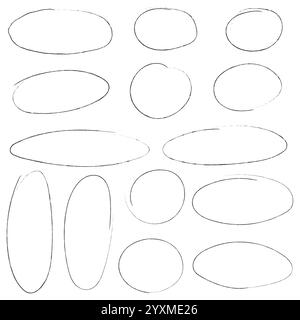 Set di ovali e cerchi per pastelli disegnati a mano. Ellissi a matita. Forme rotonde a mano libera, evidenziazioni Illustrazione Vettoriale