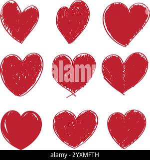 Set di spaghetti cardiaci. Collezione di cuori disegnati a mano. Illustrazioni romantiche e d'amore. Illustrazione Vettoriale