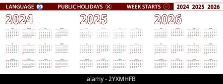 2024, 2025, 2026 anni di calendario vettoriale in lingua ebraica, la settimana inizia domenica. Calendario vettoriale. Illustrazione Vettoriale