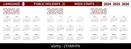 2024, 2025, 2026 anni di calendario vettoriale in lingua francese, la settimana inizia la domenica. Calendario vettoriale. Illustrazione Vettoriale