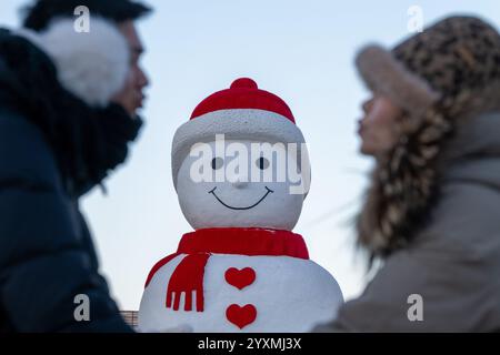 Harbin, la provincia cinese di Heilongjiang. 17 dicembre 2024. I turisti posano per una foto di fronte a un gigantesco pupazzo di neve ad Harbin, nella provincia di Heilongjiang, nella Cina nord-orientale, il 17 dicembre 2024. Crediti: Zhang Tao/Xinhua/Alamy Live News Foto Stock