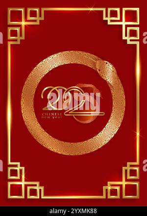 2025 Capodanno cinese, anno del serpente. Logo Enso Circle Gold per copertina, scheda, poster, banner. Cornice di confine con motivo Golden China. Vettore Illustrazione Vettoriale