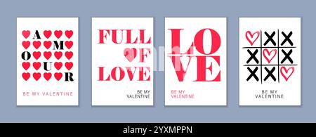 Sii il mio set di carte creative per San Valentino. Concetto tipografico di San Valentino - Amour, pieno d'amore, TIC tac Toe. Vettore pattern cuori Illustrazione Vettoriale