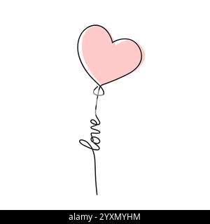 Palloncino cardiaco disegnato con una linea continua. Carino simbolo amore. Icona artistica con focolare rosa. Disegnare a mano il contorno isolato su sfondo bianco. Disegno Illustrazione Vettoriale