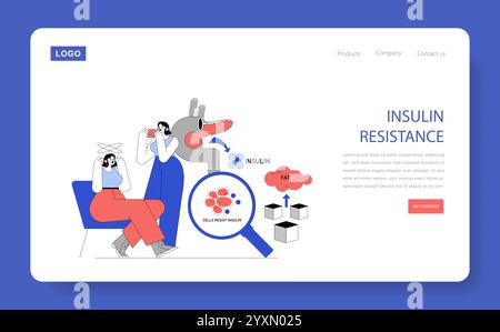 Concetto di resistenza all'insulina. Illustrazione che mostra come il grasso influenza l'efficacia dell'insulina, evidenziando la risposta cellulare. Progettazione di banner Web didattici. Illustrazione vettoriale. Illustrazione Vettoriale
