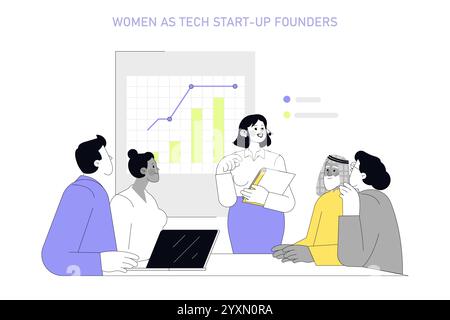 Il concetto di donne nella tecnologia. Una leader tecnologica donna presenta i dati di crescita al suo team di startup diversificato. Inclusione e progresso nelle imprese. Illustrazione vettoriale. Illustrazione Vettoriale