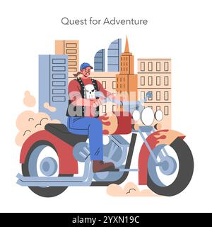 Concetto di crisi di mezza età. Illustrazione di un uomo che abbraccia il cambiamento guidando una moto per una nuova avventura sullo sfondo di una città. Stile e formato: Illustrazione vettoriale. Illustrazione Vettoriale