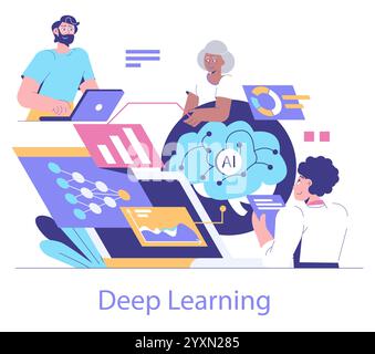 Concetto di Data Science. Gli esperti si impegnano nel deep learning e nell'innovazione dell'intelligenza artificiale. Analisi dei dati, cloud computing e reti neurali. Illustrazione vettoriale. Illustrazione Vettoriale