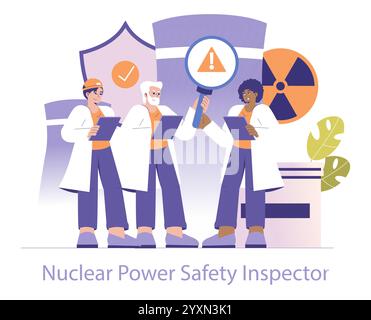 Concetto di ispezione per la sicurezza nucleare. Diversi team di ispettori che garantiscono la sicurezza dell'impianto, con appunti, lente d'ingrandimento e simbolo di radiazione. Illustrazione vettoriale. Illustrazione Vettoriale
