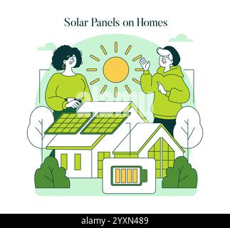 Concetto di energia rinnovabile. Si abbinano ai pannelli solari a casa, che rappresentano una vita sostenibile e un'efficienza energetica. Illustrazione vettoriale. Illustrazione Vettoriale