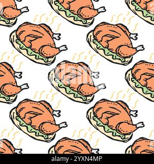 tacchino al forno senza cuciture. Sfondo di tacchino cotto disegnato. Illustrazione in tacchino disegnata a mano Doodle Illustrazione Vettoriale