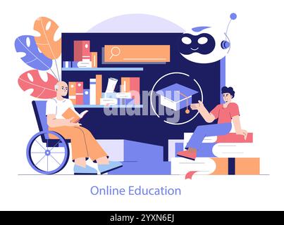 Concetto di formazione online inclusivo. Anziani disabili e giovani adulti impegnati nell'apprendimento a distanza. Accessibilità e diversità nell'e-learning. Illustrazione vettoriale. Illustrazione Vettoriale